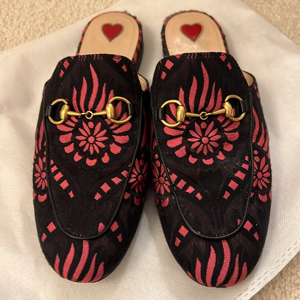 Gucci Black and Pink Floral Mules with Gold Hardware